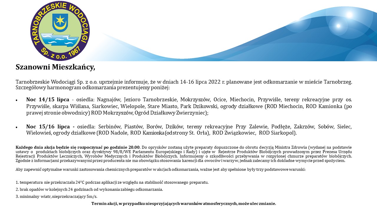 14-16 lipca br. na terenie Miasta Tarnobrzega odbędzie się odkomarzanie