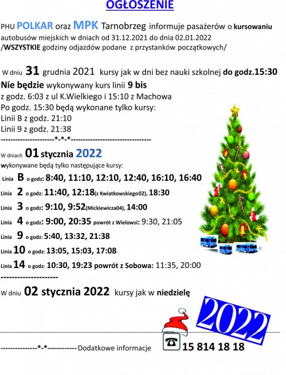 Ogłoszenie dotyczące kursowania autobusów miejskich