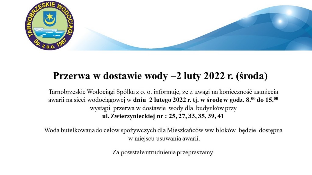 Przerwa w dostawie wody –2 luty 2022 r.