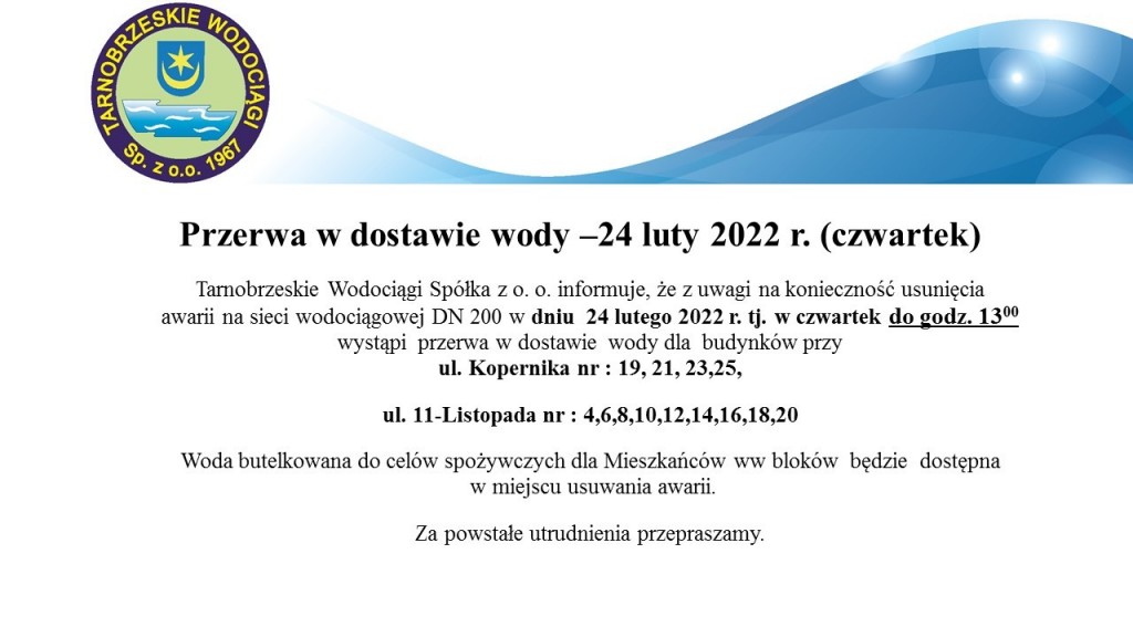 Przerwa w dostawie wody – 24 lutego 2022 r. (czwartek)